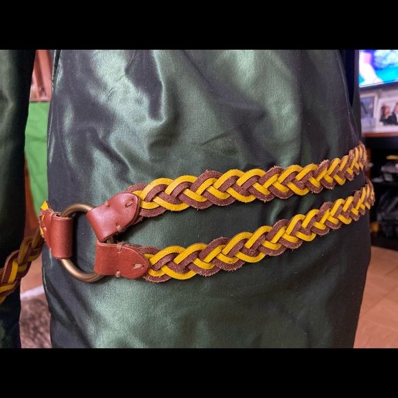 Polo Ralph Lauren Brown Yellow Braided Leather Belt Brass Buckles L - Picture 3 of 6